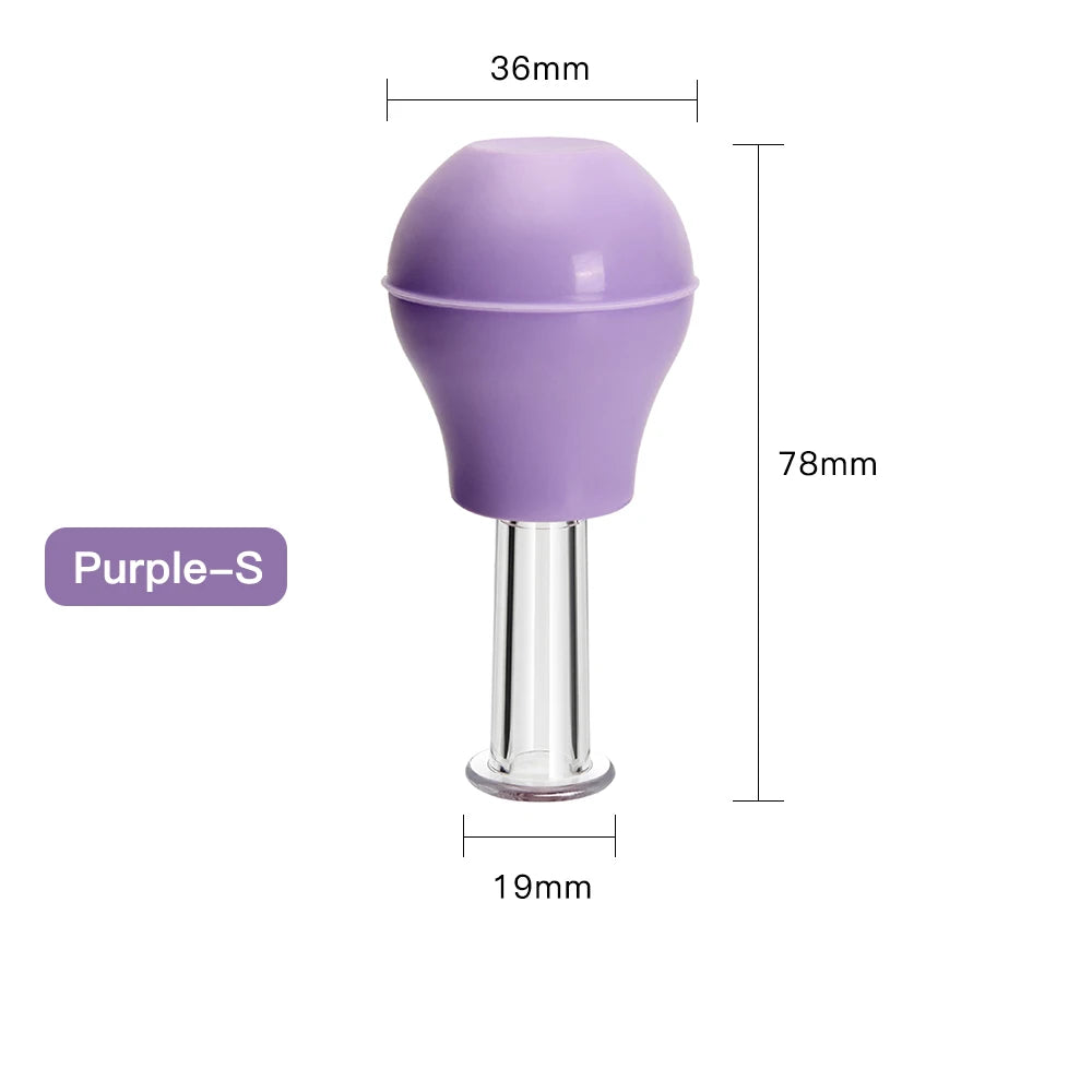 Purple small facial vacuum cupping massager for skin lifting and anti-cellulite therapy with measurement indicators.