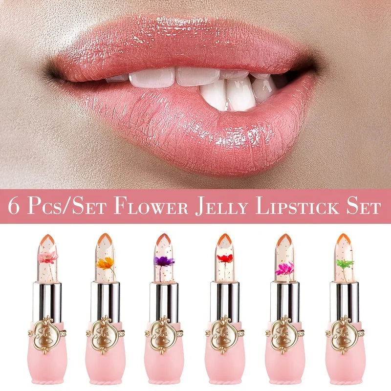 Crystal flower jelly lipstick set with gold flakes, moisturizing color-changing balm for shiny, hydrated lips.