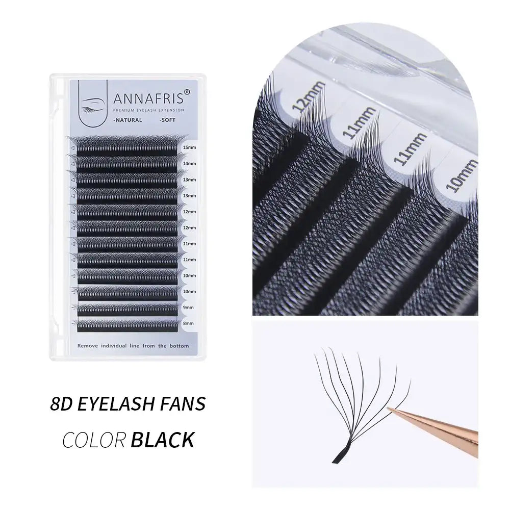 Black 8D eyelash extension fan tray with mixed lengths from 8mm to 15mm, used for professional volume lash application.