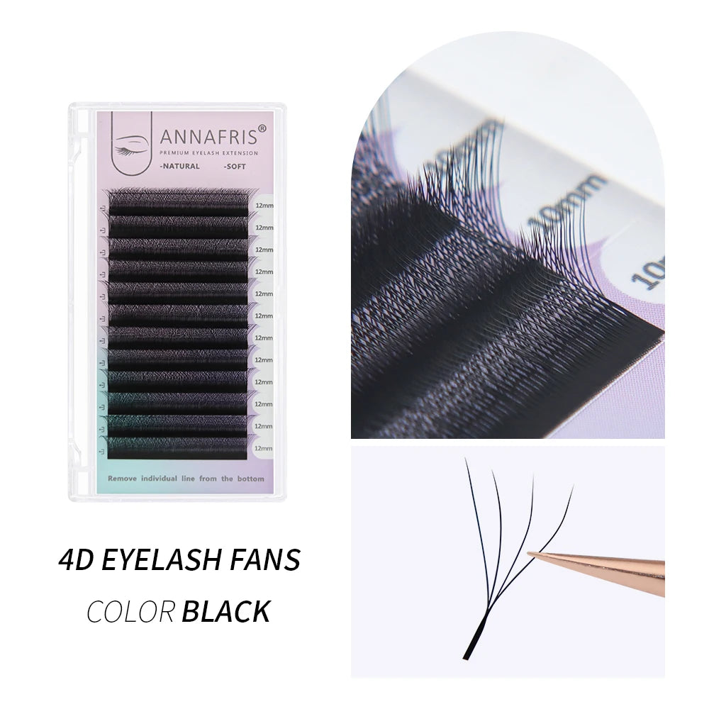 Black 4D eyelash extension fans in a storage tray, showing 12mm length, organized in rows for professional application.
