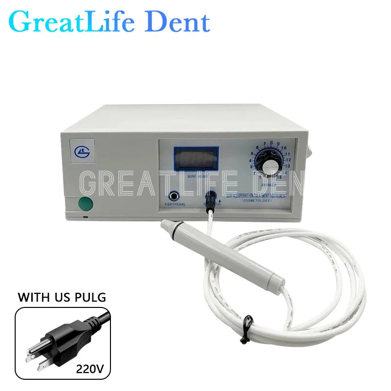 Grey electrocautery cosmetology machine with digital display, intensity dial, handheld probe, and US power plug.