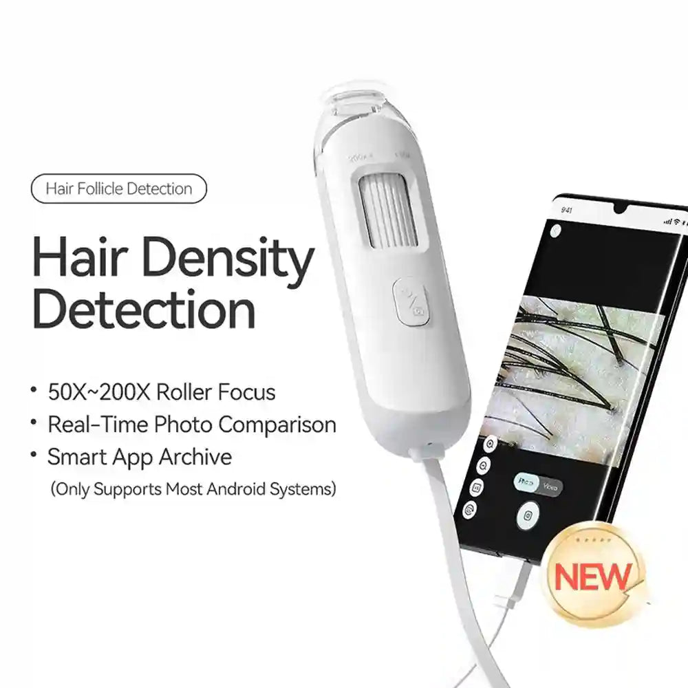 White digital hair scalp detector, 50X-200X lens, connected to smartphone for hair density and skin analysis.
