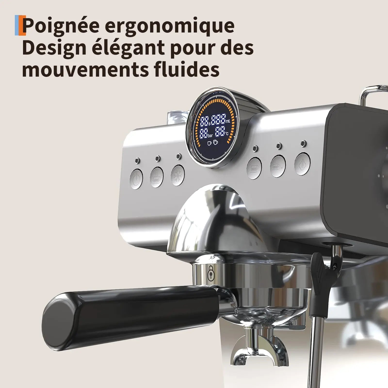Silver espresso machine with digital pressure gauge, metallic body, and ergonomic black portafilter handle.