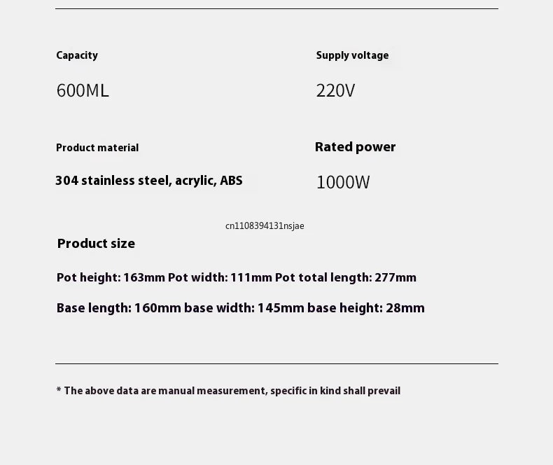 600ml stainless steel electric coffee maker, 1000W, 220V, made of 304 stainless steel, acrylic, and ABS materials.