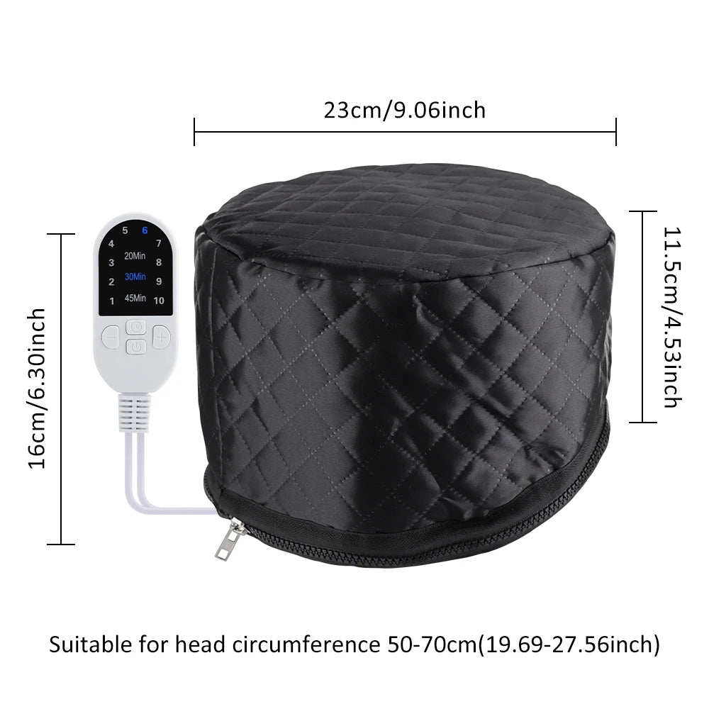 Black quilted electric hair steamer cap for deep conditioning with digital controller and adjustable heat settings.