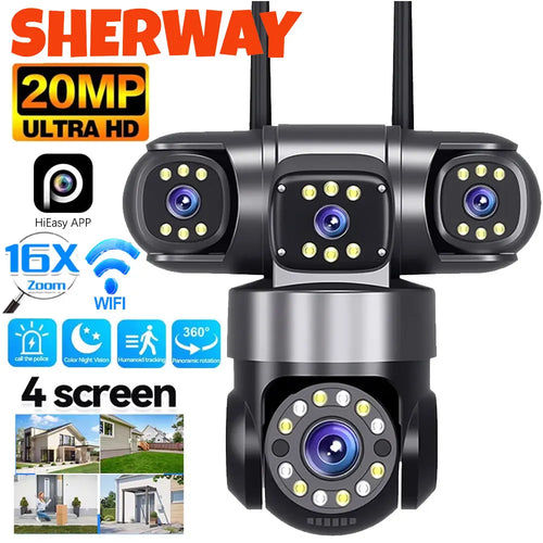 Four-lens outdoor WiFi security camera, black and silver PTZ dome with four angles