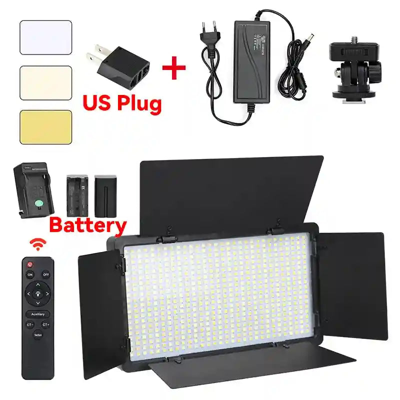 Rectangular LED video light panel with black barn doors, remote control, batteries, power adapter, and mounting