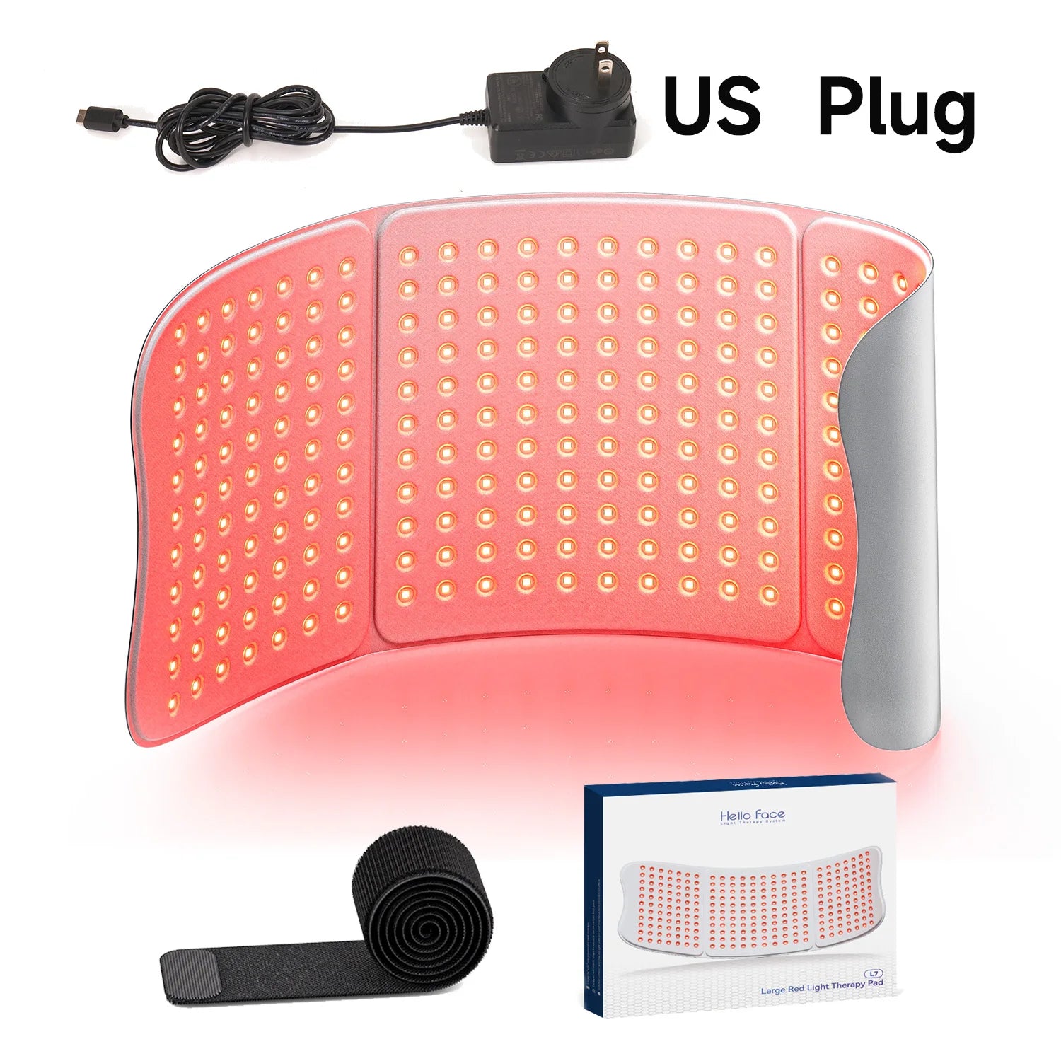 Large red light therapy mat with LED grid, power adapter with US plug, velcro strap, and branded product box.