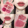 CACE double-head lip glaze swatches: matte lip mud and mirror water gloss in sexy red and nude pink shades.