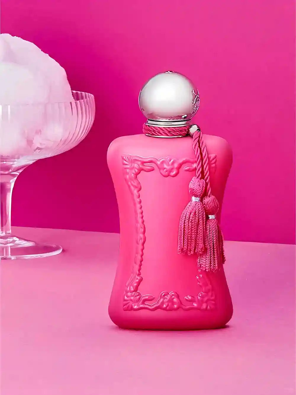 Parfums de Marly Delina 75ml EDP: Floral women’s fragrance in a matte pink bottle with tassel, luxury lasting scent.