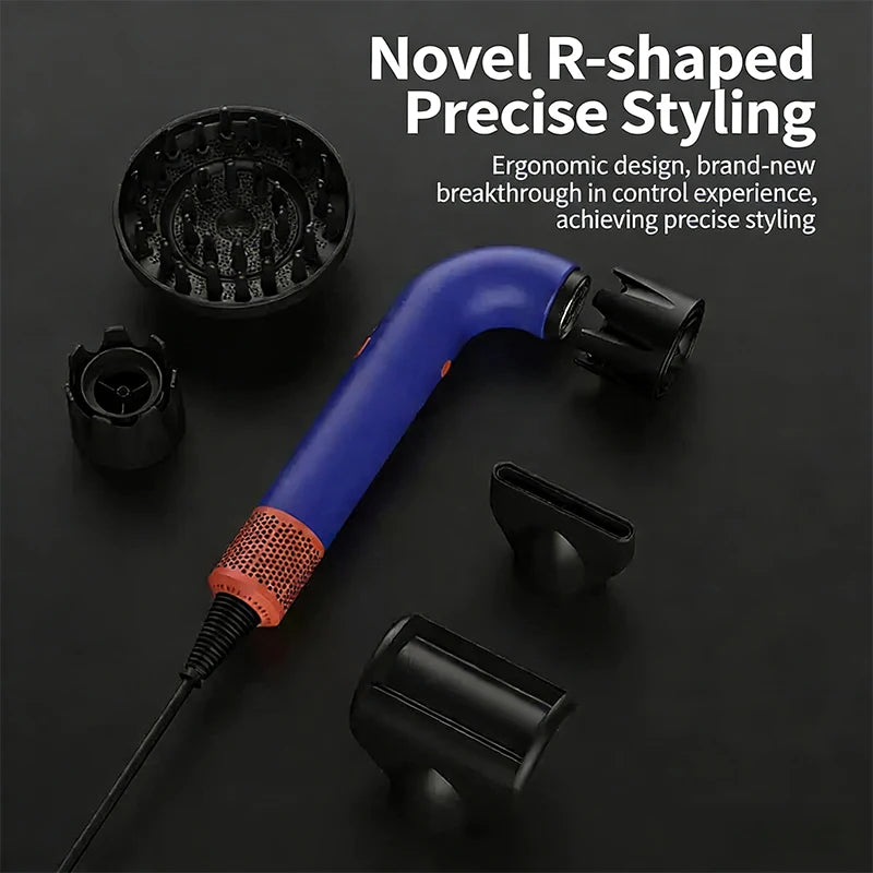 Blue R-shaped high-speed hair dryer with styling attachments for professional, quick-dry results.