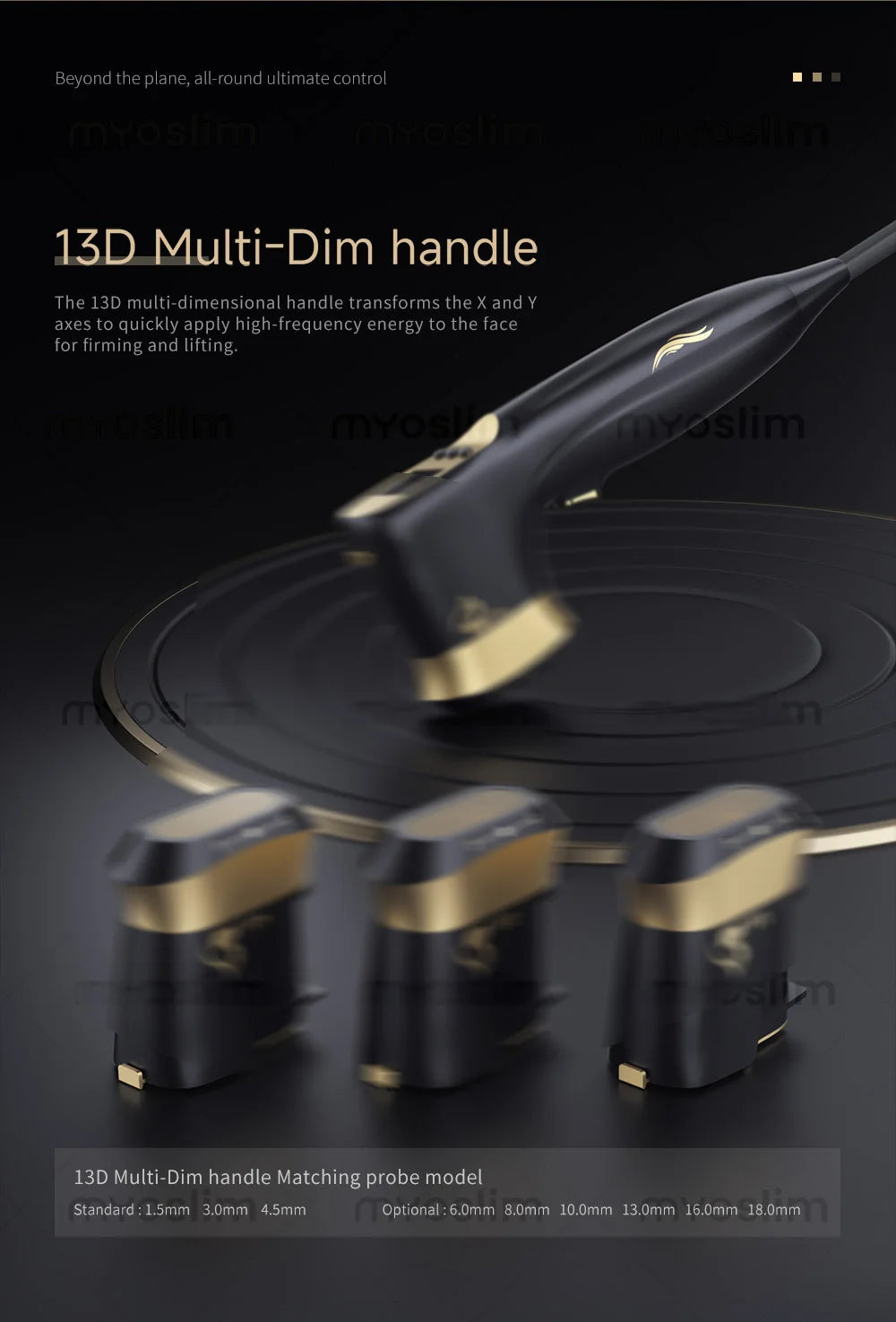 22D MAX HIFU facial tightening device with 13D multi-dim handle and interchangeable probes for slimming and firming.