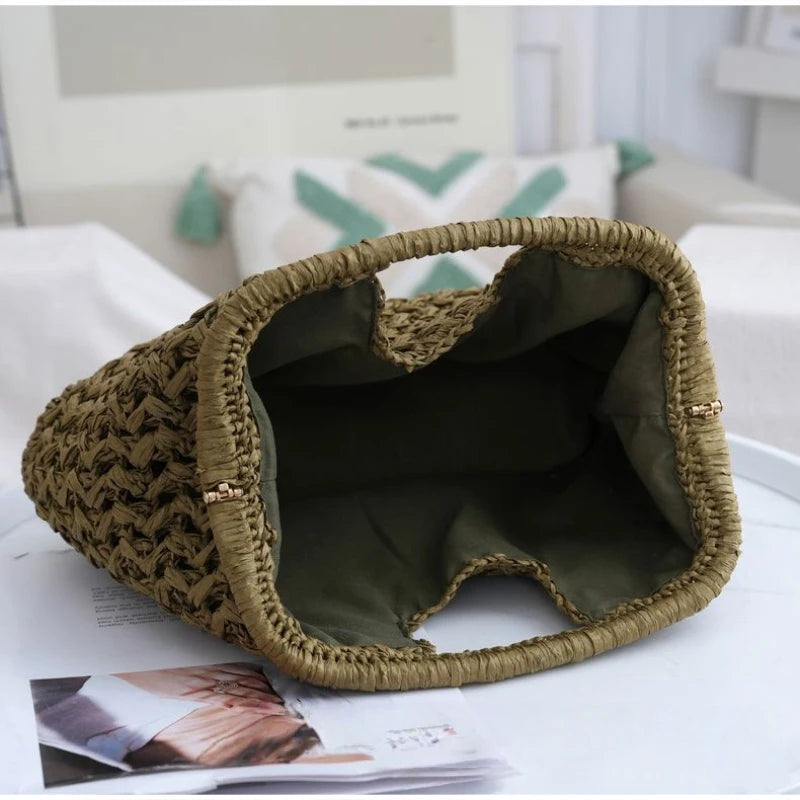 Women's Brand Fashion Clip Handbag, Bohemian Style Large Capacity Travel Woven Bag Popular Elegant Raffia Handmade Crossbody Bag