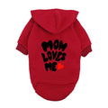 Red Mom Loves Me dog hoodie for small dogs. Warm, cozy fleece pet sweater with heart graphic for a cute winter outfit.