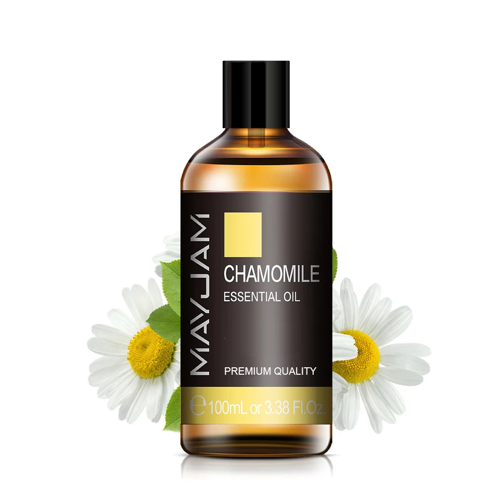 Chamomile essential oil bottle, amber glass with black pump cap, 100ml label