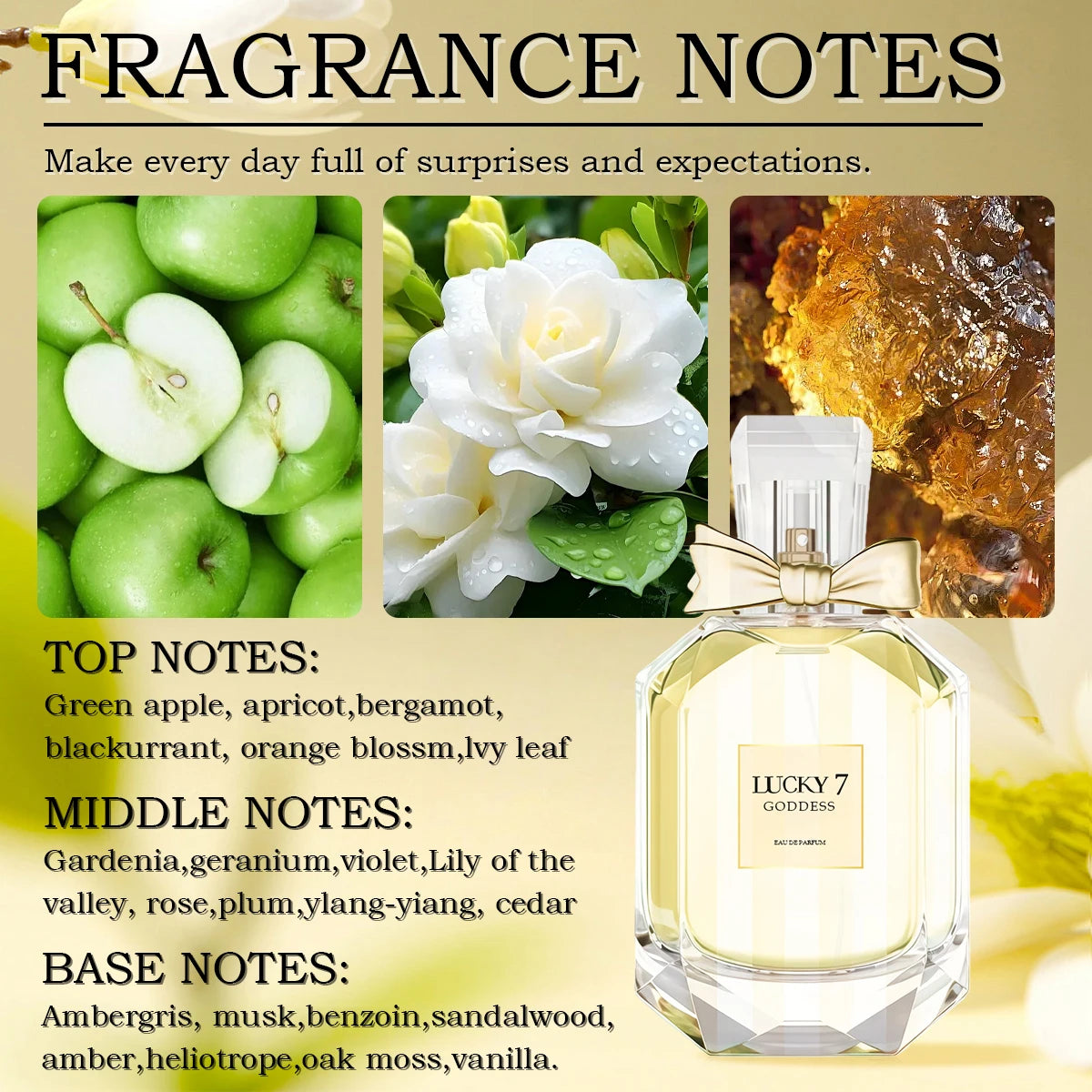 MINISO Lucky 7 Goddess EDP for women: 100ml floral perfume in elegant bow-tie bottle with apple, gardenia & amber notes.