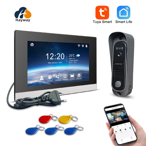 Home video intercom monitor with Wi-Fi door unit and key fobs, black and dark gray