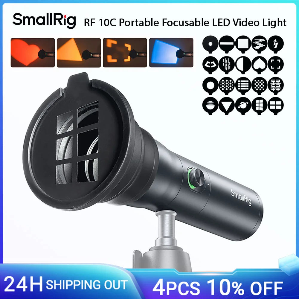 Black cylindrical portable LED video light with a focusable lens attachment and 20 assorted shape projection gobos.