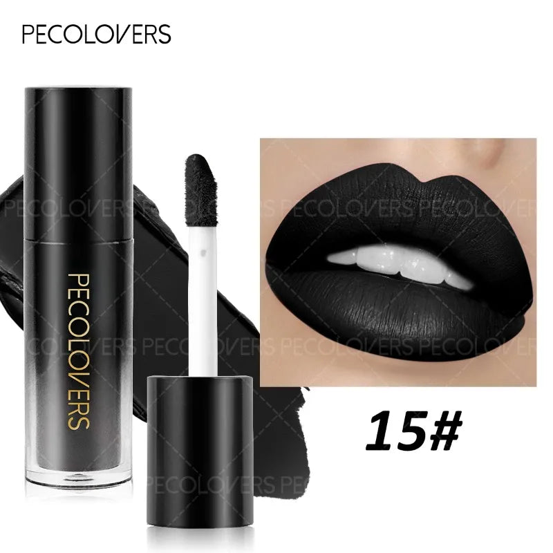 Pecolovers black matte lip gloss in sleek tube with applicator, showing long-lasting, non-drying pitch black lip color.