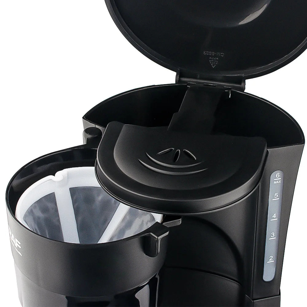 Black 6-cup drip coffee maker with open lid, reusable plastic filter basket, and water level indicator.