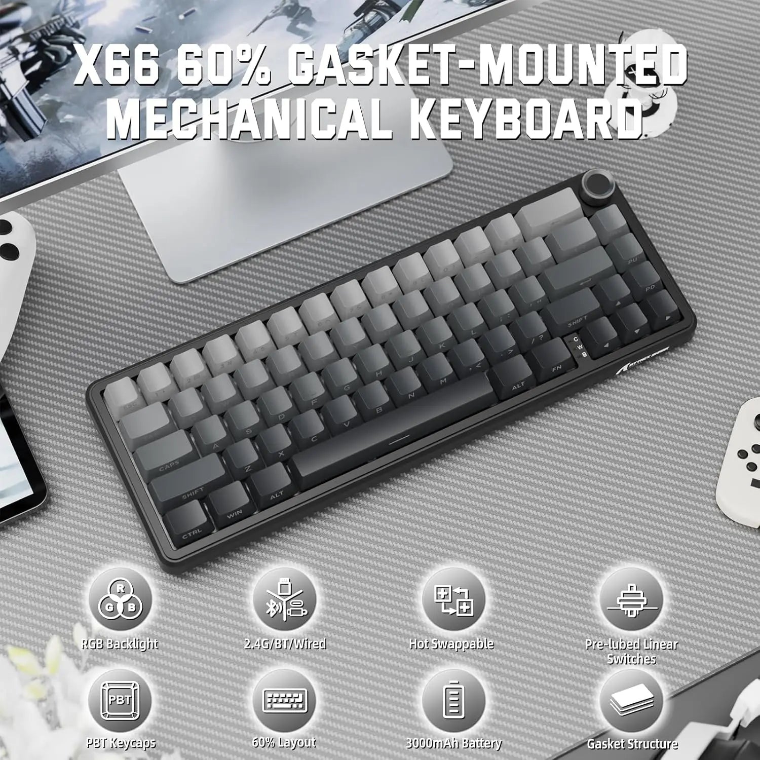 ATTACK SHARK X66 65% Wireless Mechanical Keyboard with Knob, 66 Keys Gasket Hot Swap RGB Gaming Keyboard, Linear Switch,