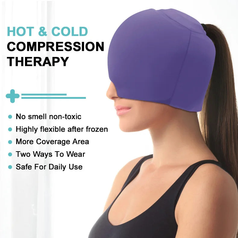 Purple ice cap for migraine relief, hot cold gel head wrap for headache therapy, light-blocking form-fitting design.