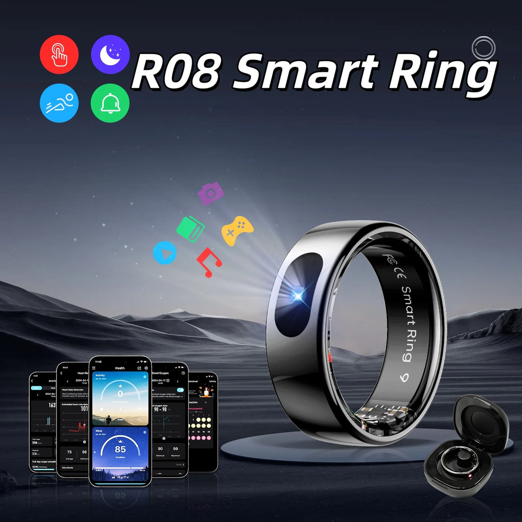 R08 Smart Ring Men Women with Charging Case Health and Sleep Monitor 5ATM Waterproof Multi Sport Mode Heart Rate Monitoring NEW
