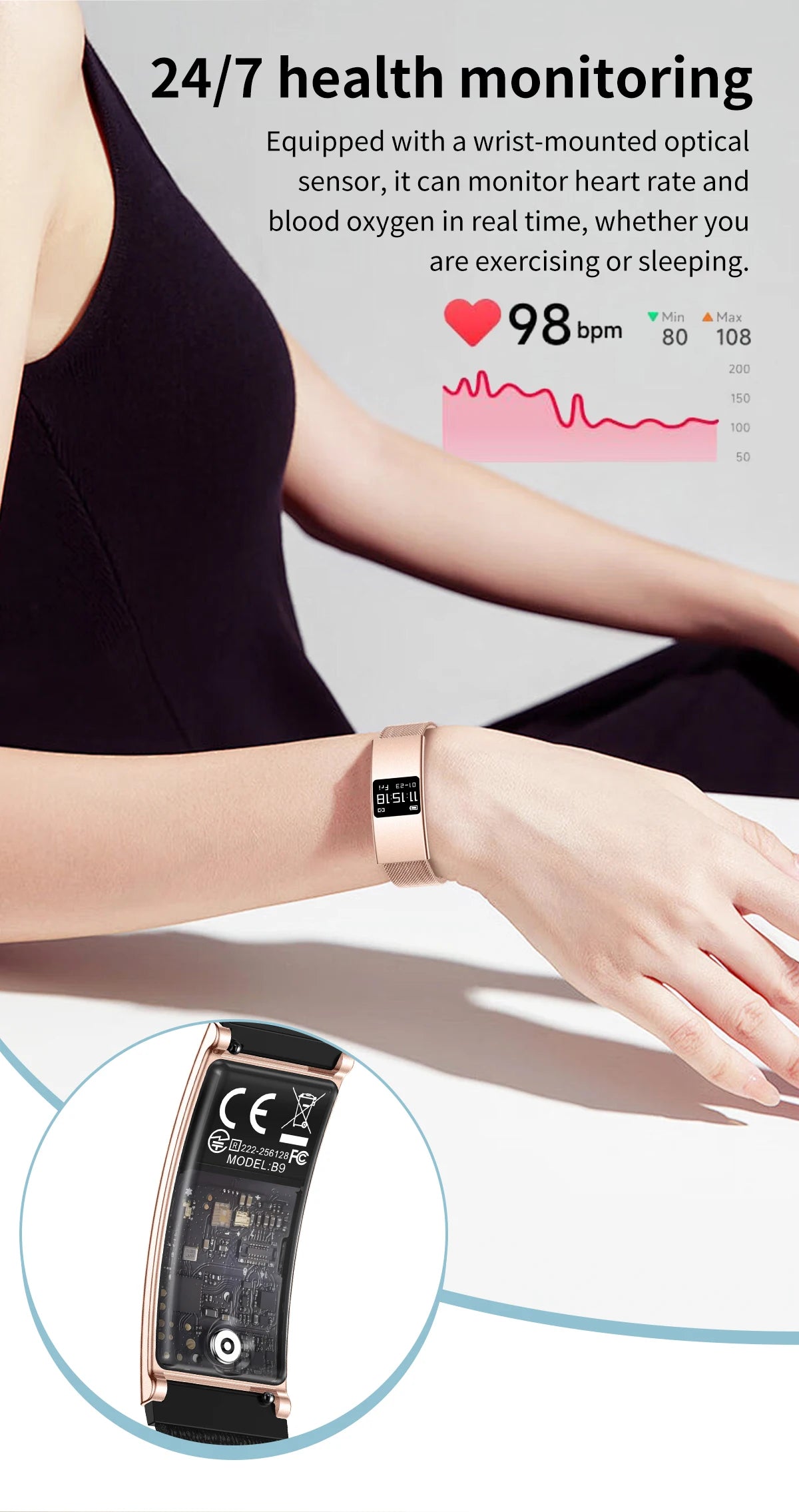 B9 3.5mm Ultra Thin Smart Bracelet Men Women IP68 Waterproof Call Reminder Fitness Sport Smart Band Lightweight Health Wristband
