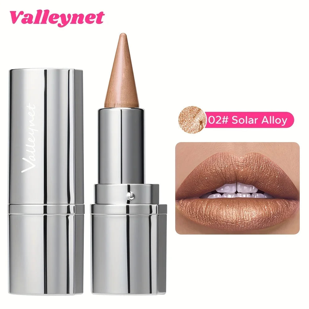 Metallic Solar Alloy glitter lipstick in silver tube, long-lasting waterproof shimmer lip makeup with luminous finish.