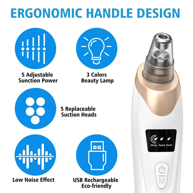 White and gold electric blackhead remover with a digital display, alongside icons detailing its features.