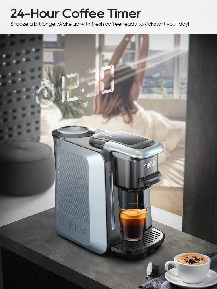 HiBREW silver and black single-serve coffee maker with 24-hour programmable timer brewing into a glass cup.