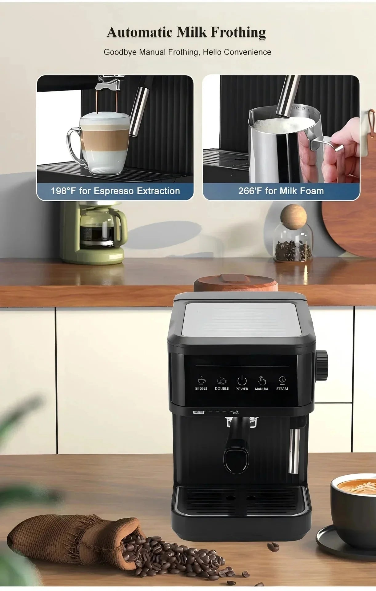 Black automatic espresso machine with milk frother, digital touch panel, and stainless steel accents on a kitchen desk.