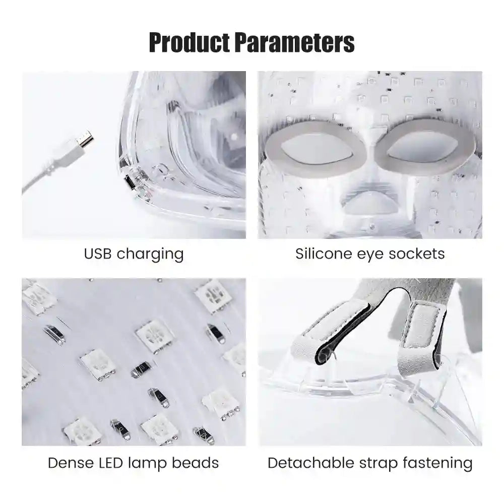 Four panels showing a transparent LED facial mask's USB port, silicone eye sockets, LED beads, and adjustable straps.