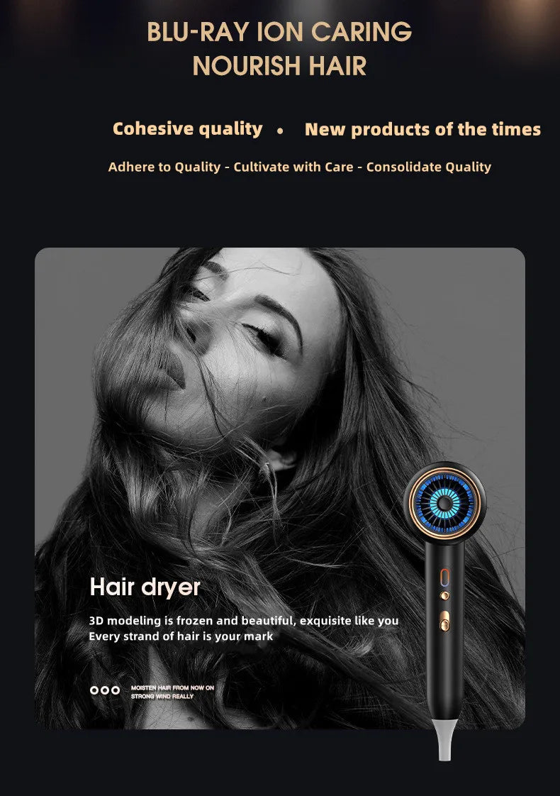 Black 2400W high-speed hair dryer with blue light, negative ion tech, and gold accents for salon-quality hair styling.