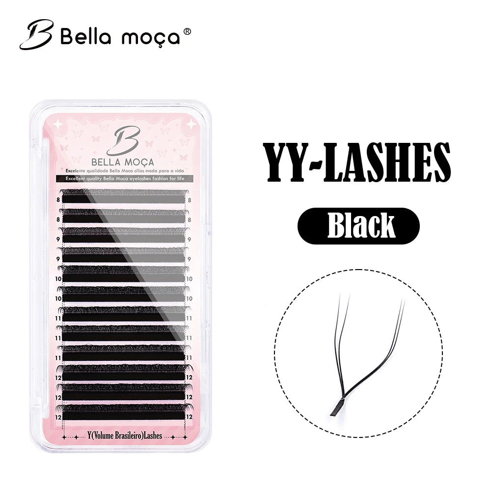 Bella Moça black YY-style volume eyelash extensions in a labeled plastic tray with individual lash detail view.