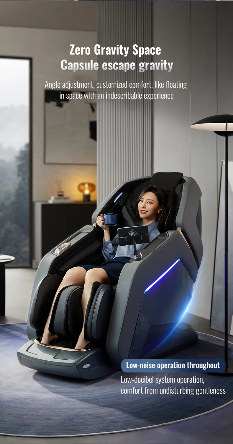 Modern gray 4D zero-gravity massage chair with built-in tablet, blue ambient lighting, and sleek, reclined design.