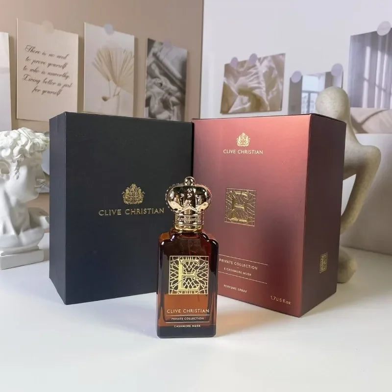 Clive Christian E Cashmere Musk 50ml perfume. Elegant crown-top bottle, woody amber scent for women. Luxury fragrance.