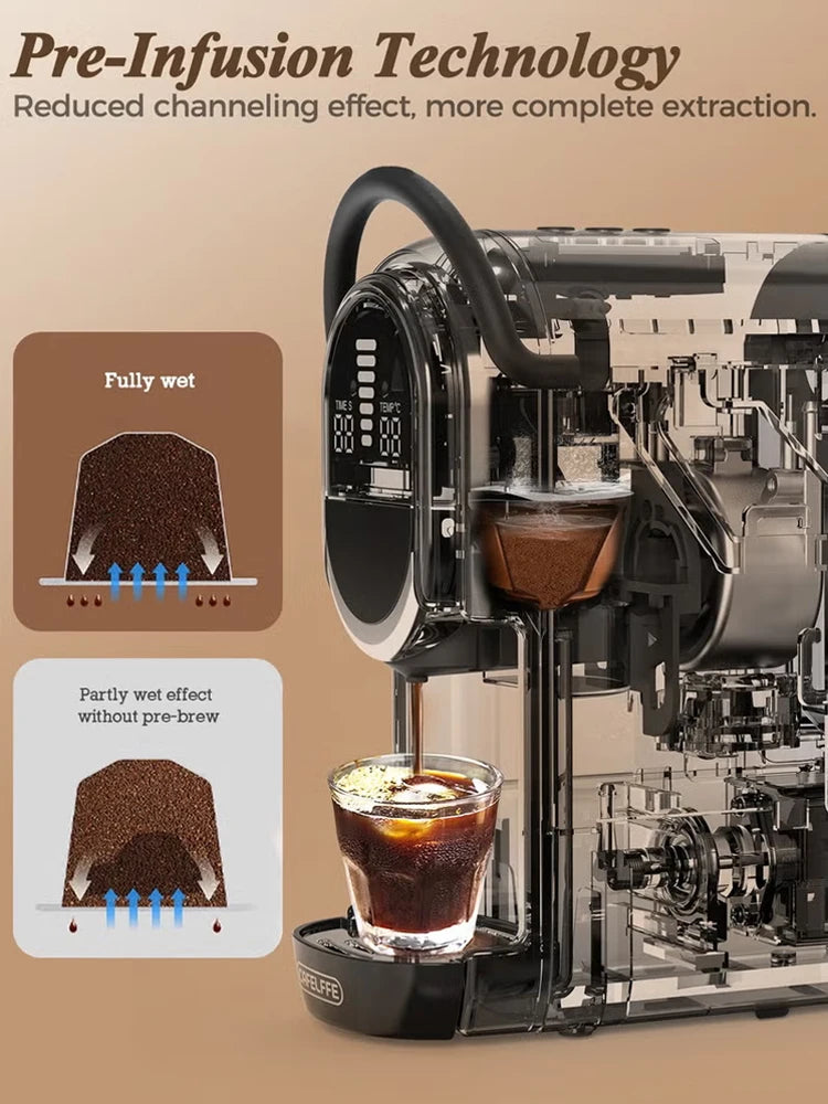 Cafelfe transparent espresso machine showing pre-infusion technology with digital display and coffee glass.