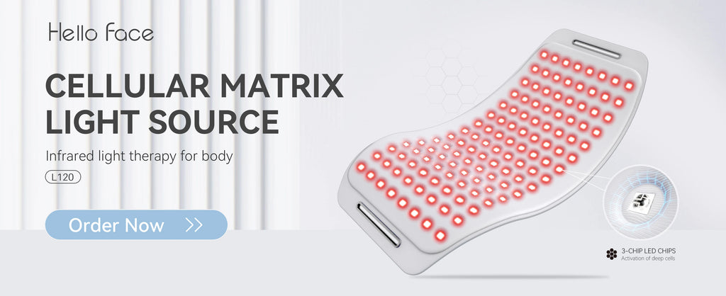 White, flexible LED light therapy device for body use, featuring a grid of glowing red light chips on a soft base.