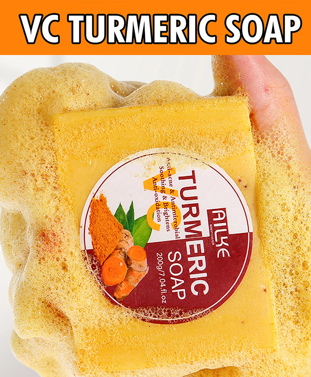 AILKE Natural Turmeric Soap for Face & Body, Whitening, Clean Stains, Even Skin Tone, Remove Acne, Age Spot, Black Spot, 200g