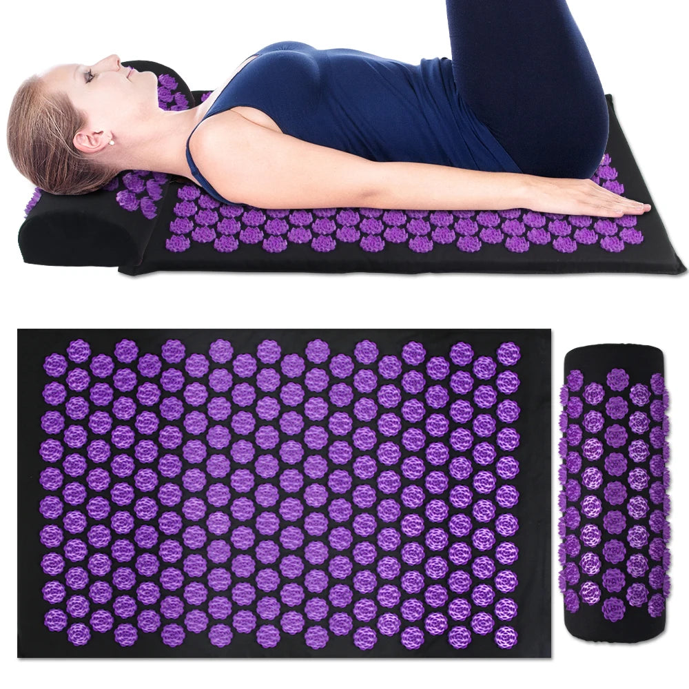 Woman lying on a black acupressure mat and pillow with purple, spiked massage discs. Includes top-down view of set.
