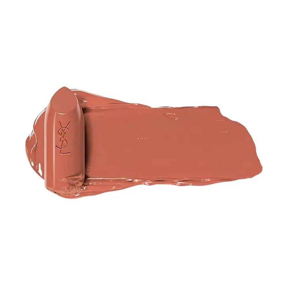 YSL Rouge Pur Couture Nu Muse satin lipstick swatch with creamy, hydrating texture and smooth, nude-pink pigment.