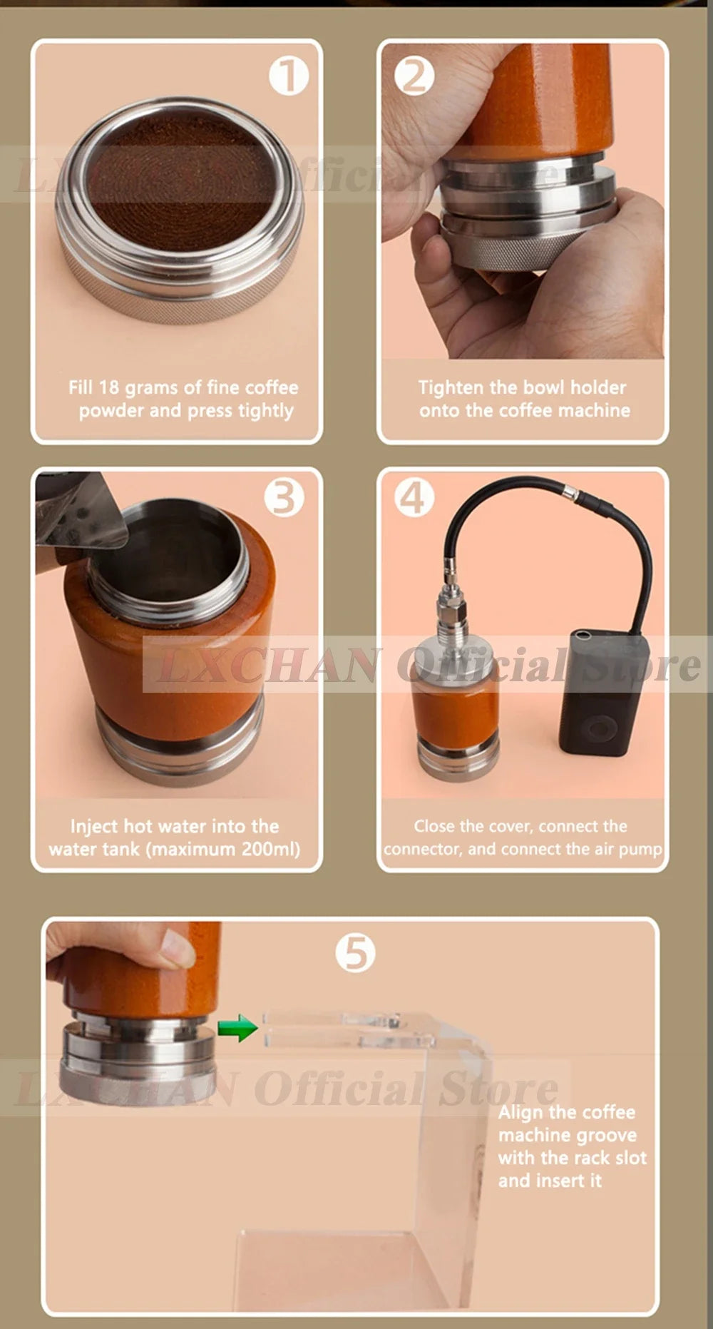 LXCHAN portable espresso maker instructions: stainless steel and wood design, 200ml water tank, manual pump assembly.