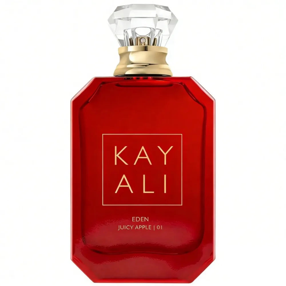 Kayali Eden Juicy Apple 01 unisex EDP, 100ml red glass bottle with crystal cap, luxury Arabic fragrance bestseller.