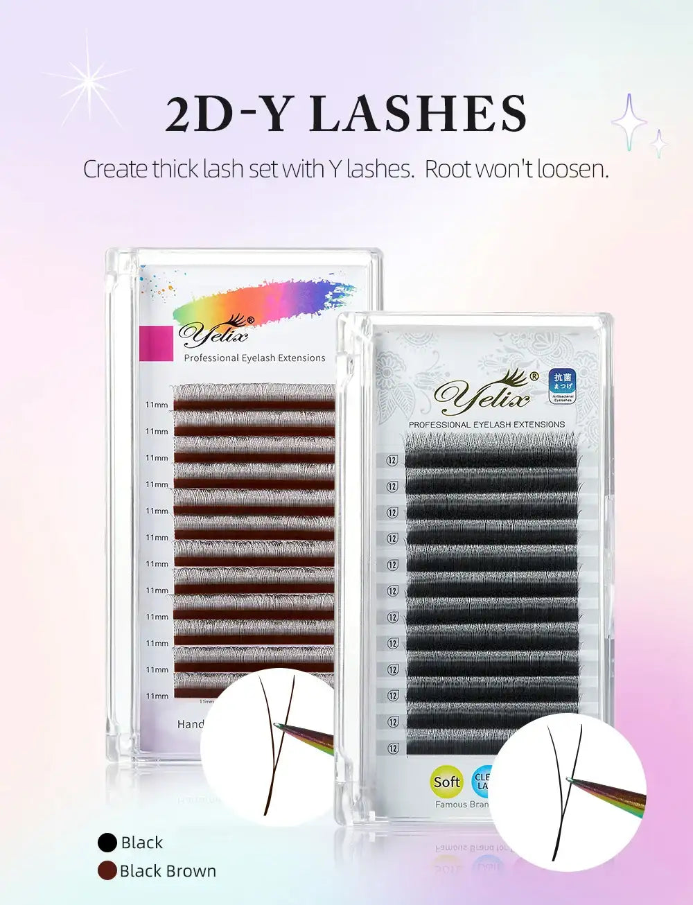 Two Yelix trays of Y-shaped 2D lash extensions in dark brown and black, displayed with close-up application details.