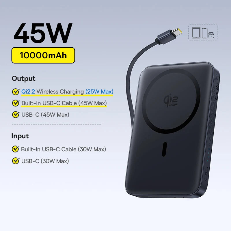 Magnetic Power Bank 10000mAh 15W Wireless Charger for iPhone 16 Qi2.2 25W Black 10000mAh Tidesmit