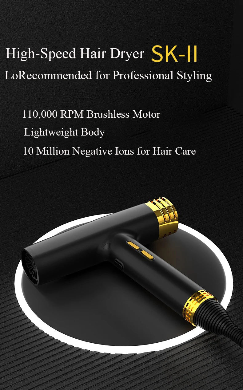 Black and gold 110k RPM quiet hair dryer with ionic technology and constant temperature for professional styling.