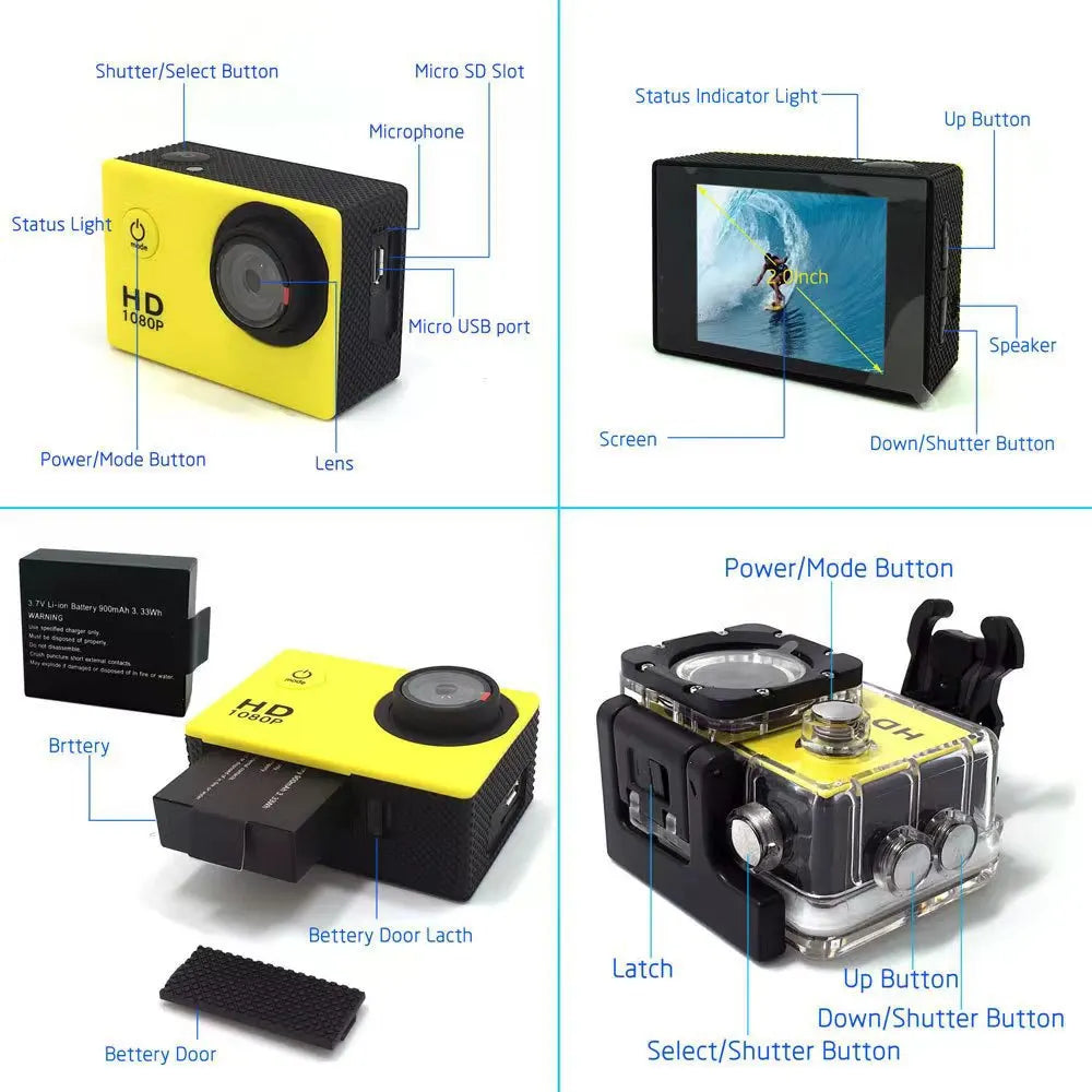 2.0" Action Camera Ultra HD 4K 30FPS WiFi Underwater Cameras Waterproof Helmet Bicycle Video Recording Cameras Outdoor Sport Cam