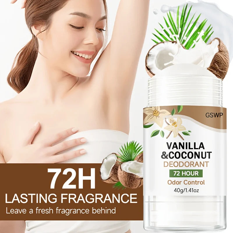 Tidesmit GSWP Vanilla and Coconut deodorant stick, aluminum-free, non-greasy, 72-hour lasting fragrance.