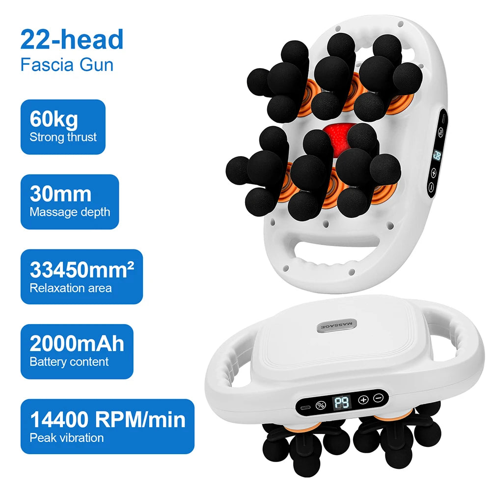 22-head handheld fascia massage device with white plastic casing, black massage nodes, and digital intensity display.